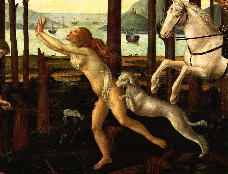 BOTTICELLI, Sandro The Story of Nastagio degli Onesti (detail of the first episode)  gfh oil painting image